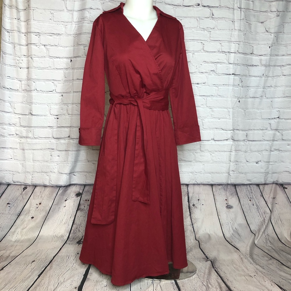 Red long sleeve a line dress w/ criss cross front - Picture 2 of 16